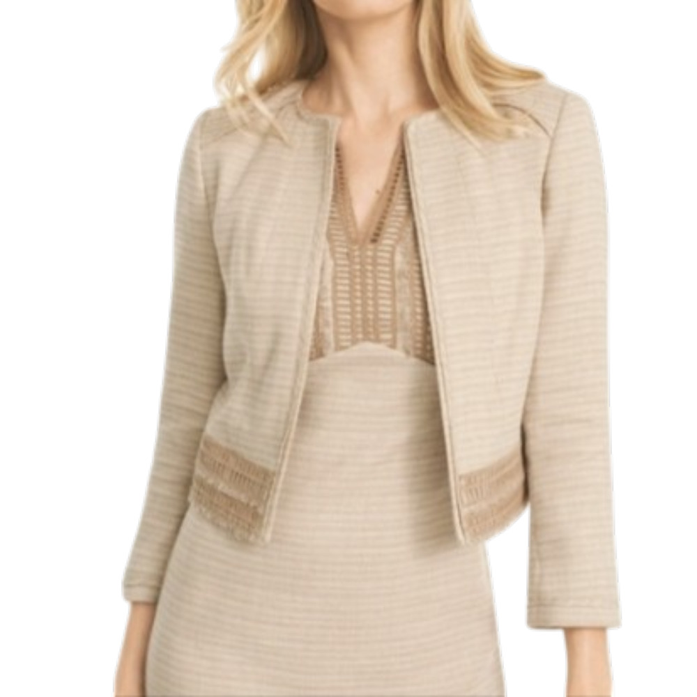 White House Black Market Women's Neutral Tweed Cropped Linen Jacket Size 4